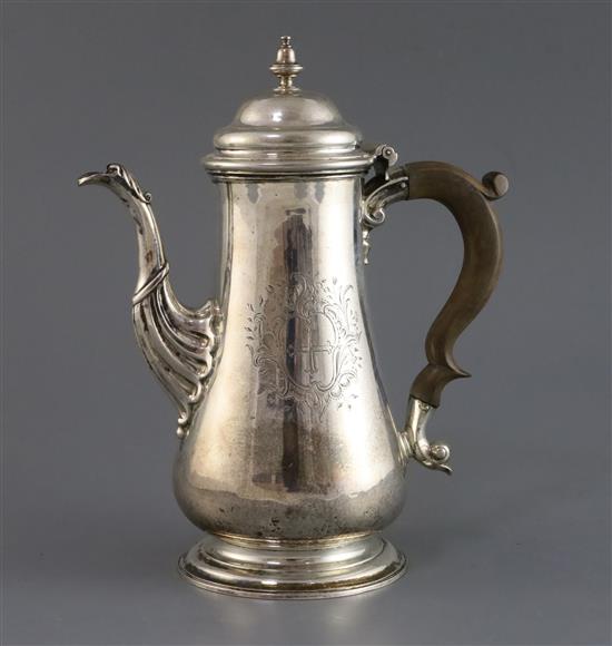 A George II silver baluster coffee pot by Thomas Whipham, gross 26.5 oz.